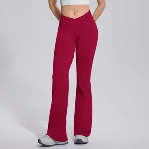 High waist crossover flare yoga pants for women athletic gym running fitness workout.
