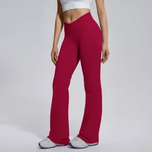 Women high waist crossover flared yoga pants seamless fitness workout athletic trousers