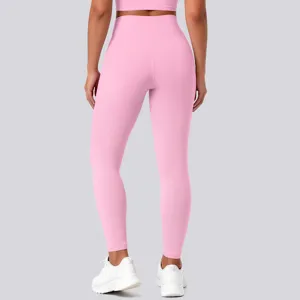 Back view of pink high-waisted tight yoga pants fitness workout activewear detail view