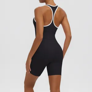 Detailed back view of women athletic yoga set, breathable nylon fabric racerback top shorts.