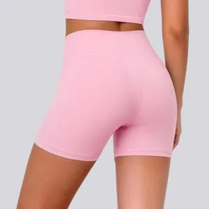 High-waisted athletic yoga shorts for women, breathable stretch fitness apparel for running.