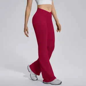 Crossover waist flare yoga pants, high stretch tummy control workout fitness trousers.