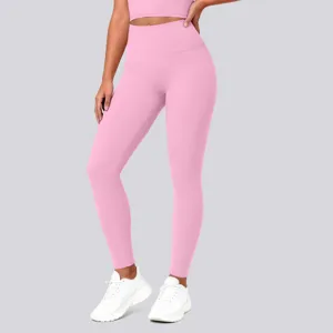 Detailed view of pink high-waisted stretchy fitness leggings, offering great support.