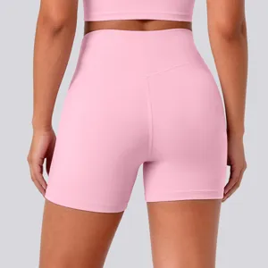 High waisted pink yoga shorts for women, breathable fitness athletic gym workout running apparel.
