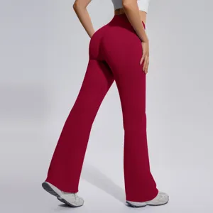 Back view detail of high waist flare yoga pants in burgundy, showing hip lifting fit and seam.