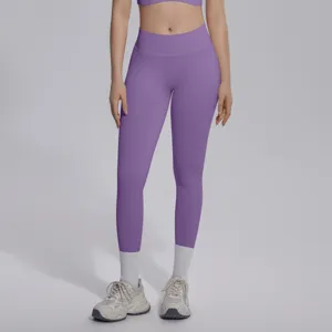 Purple high-waisted seamless yoga leggings for women fitness gym running activewear pants.