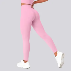 High waist pink yoga leggings for women, seamless fitness pants with tummy control and butt lifting.
