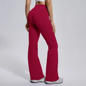 Back view of women high waist flare yoga pants, cross waist seamless ribbed fitness trousers.