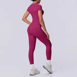 Naadloos gebreid effen strak ademend lang yoga set sportkleding fitnesskleding