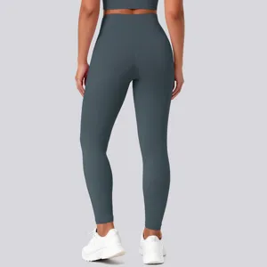High waist gray yoga leggings detail back view, seamless stretch fitness workout activewear.