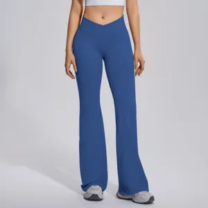 Crossover waist flare yoga pants detail shot, showing high elasticity and slim fit shape.