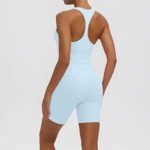 Light blue seamless yoga set activewear detail view, breathable fitness gym wear for women.