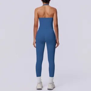 Set di abbigliamento sportivo senza cuciture tinta unita halter schiena scoperta yoga