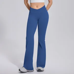 High waist crossover flare yoga pants for women, stretchy fitness running gym trousers.