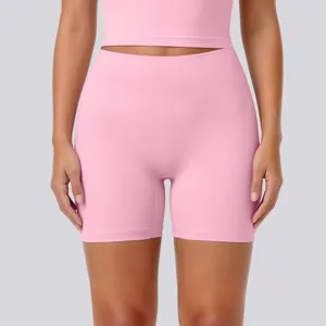 High waist pink yoga shorts for women fitness running gym workout activewear sports shorts.