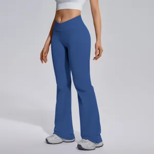 Women high waist crossover flare yoga pants breathable athletic fitness workout running blue trousers