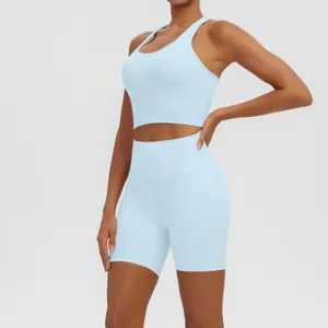 Women's solid color sports yoga set, breathable fitness activewear detail view, active workout.
