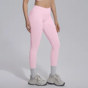Seamless V-waist yoga pants for women, high-waist fitness workout pink leggings.