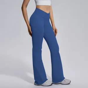 Cross waist flare yoga pants for women, seamless high stretch running fitness workout leggings.