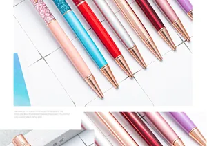 Colorful metal ballpoint pen with glitter design, smooth writing for office and school.