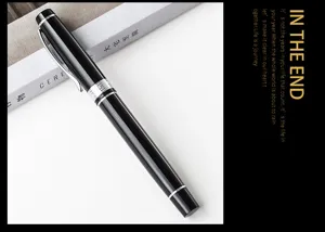 Detail view of a black metal gel pen with silver clip, perfect for business gifts and office use.