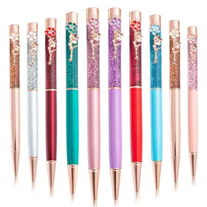 Creative Liquid Quicksand Glitter Ballpoint Pen Metal Pen With Flower Rhinestone Decor Office School Writing