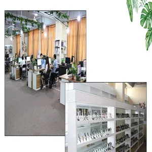 Office workspace and display shelves featuring black gel pens for business and promotion.