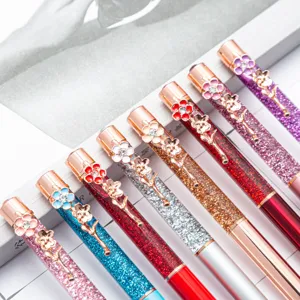 Glitter rhinestone flower ballpoint pens set, cute metallic quicksand pens for writing.