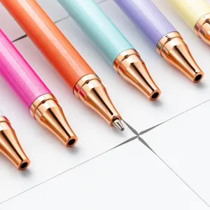 Colorful metal ballpoint pens set with rose gold tips, smooth push pens for office and school.
