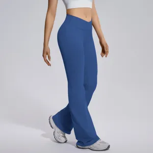 Detailed view of women's high-waisted crossover flared active pants for workout fitness.