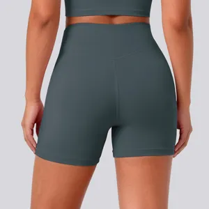 High-waist yoga shorts detailed view, breathable naked-feel fabric, ideal for fitness running.