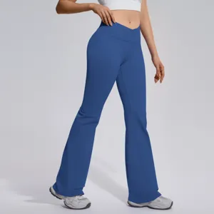 Detailed view of women high waist cross flare yoga pants fitness athletic trousers