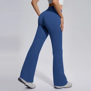 Back detail of royal blue ribbed high waist flare yoga pants showing flattering lift.