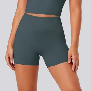 Close-up of high-waisted seamless yoga shorts, stretchy athletic biker pants for gym fitness.