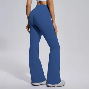 Womens high waist micro flared yoga pants bootcut tummy control fitness workout pants blue