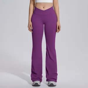 High waist crossover flare yoga pants for women, stretchy tummy control workout fitness trousers.