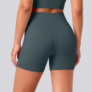 High waist yoga shorts back detail, breathable stretch athletic fitness wear, close up fit.