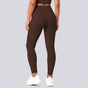 High waist butt lift yoga leggings back view, seamless stretch fitness workout pants.
