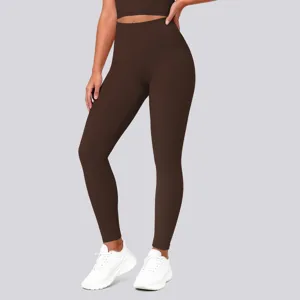 High waist solid color butt lifting yoga pants, nude feel stretchy fitness leggings detail view.