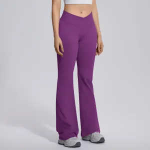 High stretch purple crossover waist flare yoga pants detail view, soft and comfortable activewear.