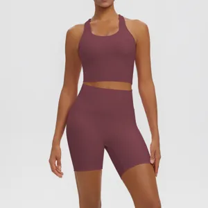 Women solid color yoga set breathable fitness gym crop top and high waist biker shorts