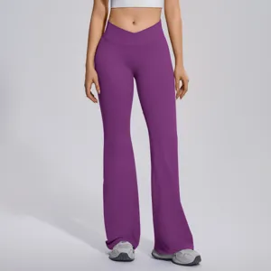 High-waist crossover flare yoga pants for women, purple athletic gym workout leggings activewear.