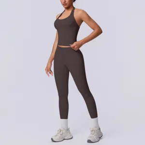 Completo sportivo yoga fitness halter senza cuciture tinta unita donna due pezzi palestra