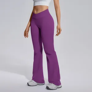 Women crossover waist flared yoga pants high stretch tummy control fitness running trousers