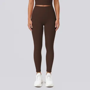 Brown high-waist tight yoga pants, seamless fitness leggings for running and gym workouts.
