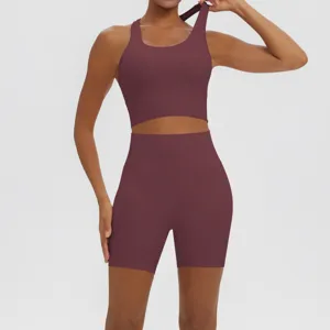 Women seamless yoga set ribbed workout fitness activewear gym two-piece athletic crop top