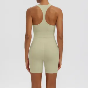 Back view detail of solid color athletic yoga tank top and shorts set for fitness workout.