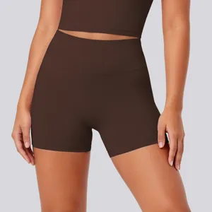 Close up view of the dark brown high waisted yoga shorts showing soft stretch fabric detail.