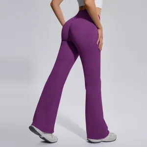 High waist purple flare yoga pants with tummy control and butt lifting design, sleek activewear.