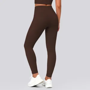 High waist butt lifting yoga leggings back view, seamless brown athletic fitness activewear detail.
